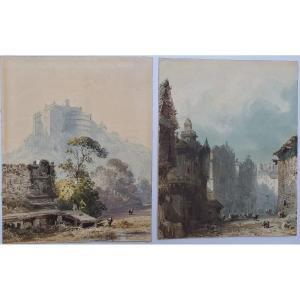 Eugène Ciceri (1813-1890), Watercolors, Landscape At The Castle And Busy Street.