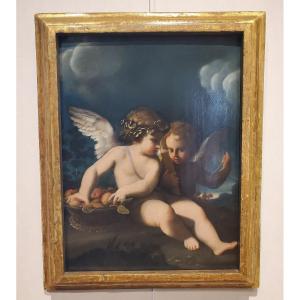 Bartholomeo Schedone (1578-1615), Two Putti Seated Near A Basket Of Fruits.