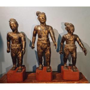 Myanmar / Burma - Set Of Three Nat (spirits) In Wood - Circa 1900.