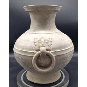 China - Terracotta Hu Vase With Rings - Han Dynasty - Tl