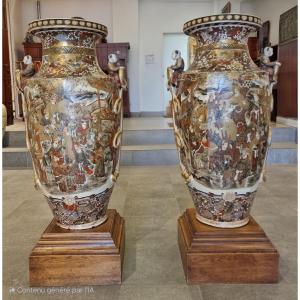 Japan - Rare Pair Of Large Satsuma Earthenware Vases - Meiji