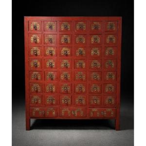 China - Red Lacquer Apothecary Cabinet With 45 Drawers - 19th Century.