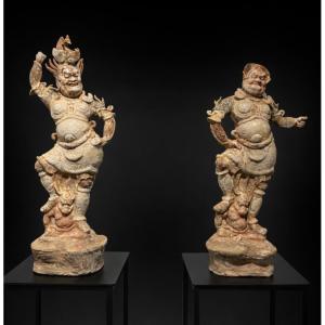 China - Pair Of Lokapalas - Tang Dynasty - Tl