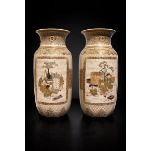 Japan - Pair Of Satsuma Faience Vases - Meiji - Late 19th Century.