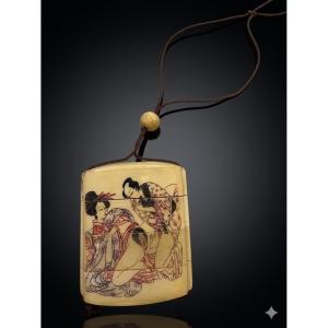 Japan - Engraved Bone Inrō - Shunga Decoration - Meiji