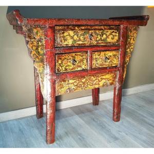 Small Altar Cabinet In Nanmu Wood (iron Wood) Polychrome Painted And Lacquered.