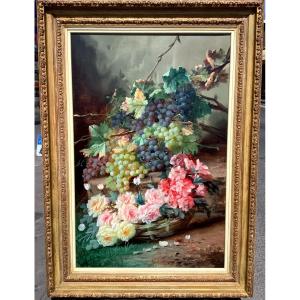 Painting By Modeste Carlier (1820-1878)) Still Life With Flowers And Grapes