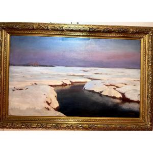 Painting By Jan Grubinski (1874-1945) Riverbank Under The Snow