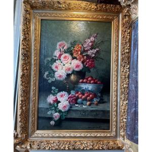 Painting By Modeste Carlier (1820-1878) Bouquet Of Flowers And Fruits On An Entablature, 19th 