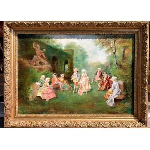 Painting By Théodore Levigne (1848-1912) “la Danse Galante Au Parc”