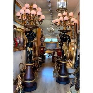 Pair Of Monumental Candelabra In Torchères By à.durenne 19 Eme Century