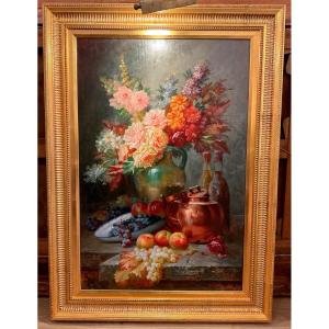 Painting By Max Carlier (1872-1938) Entablature With Bouquet Of Flowers And Fruits