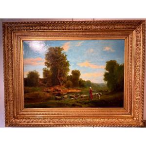 Painting By Théodore Levigne (1848-1912): “shepherdess And Her Sheep On The River Bank”