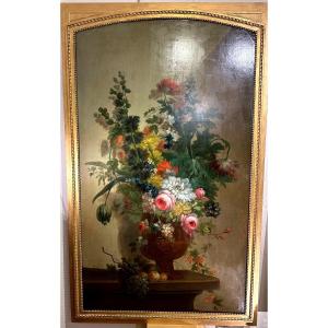 Painting By Henri Robbe (1807-1899) “bouquet Of Flowers With Fruits In A Medici Vase”