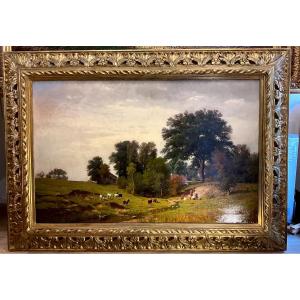 Painting "landscape Animated With People And Animals" Signed By Fritz Daegling (1844-1913)