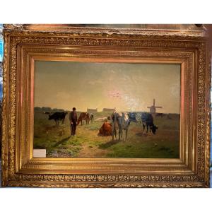 Painting By émile Van Damme Silva "cows In The Meadow" 19th Century 