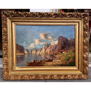 Painting By Ernest Friedrich Hein (1841-1894) "lively Lakeside In The Swiss Mountains"