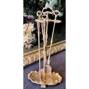 Louis XV Style Fireplace Set, Late 19th Century, In Gilt Bronze