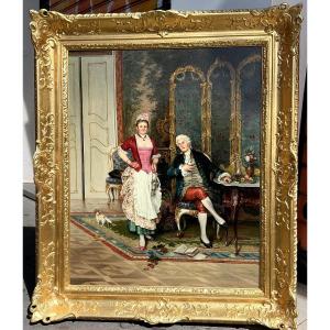 Painting By Adalbert Johann Heine (1850-?): Conversation Galante At 18 Century