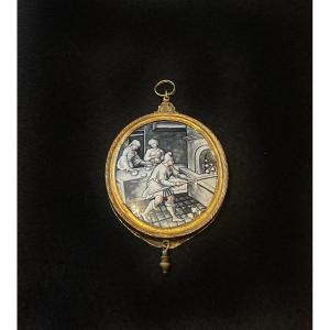 Limoges Enamel Medallion - Bakery Scene