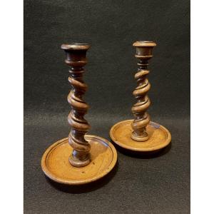 Pair Of Turned Walnut Candlesticks