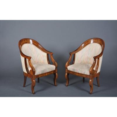 Pair Of Charles X Period Gondola Armchairs In Rosewood, Signed Meunier