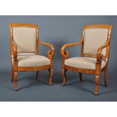 Pair Of Charles X Period Armchairs In Maple.