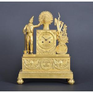 Ploughman Soldier Clock From The Restoration-charles X Period, In Gilded Bronze