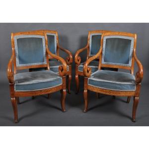 Set Of Four Charles X Period Armchairs In Speckled Maple
