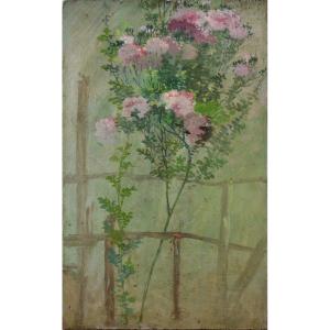 French School Around 1900. "study Of A Rosebush In A Garden."