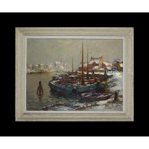 Kees Terlouw 1890-1948. Dutch School. "port Under The Snow."