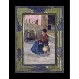French School, 19th Century. "young Woman Seated Near A Fountain."