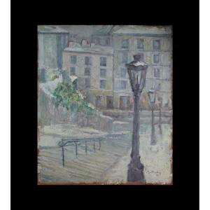 French School, 20th Century. "staircase In Montmartre Under The Snow."