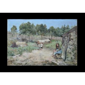 Paul-léon Gagneau 1848-1910. "charcoal Cook And His Children In The Forest."