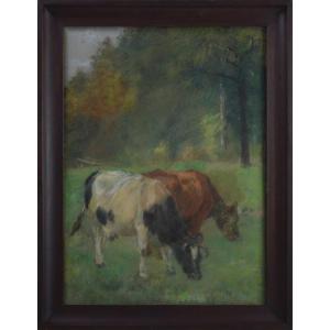 Berthe Art 1857-1934. Belgian School. "cows In A Pasture."