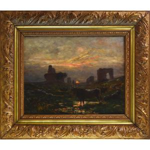 Alexandre Gaston Guignard 1848-1922. "herd Of Cows Near The Ruins In The Pampa."