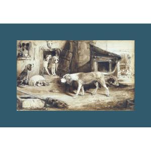 Alexandre Gabriel Decamps 1802-1860. (in The Style Of). "hunting Dogs In The Kennel."