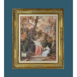 Jean-baptiste Mallet 1759-1835. "two Elegant Women In A Park - The Matchmaker."