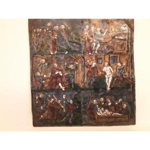 Polychrome Painted Enamel Plaque With Gold Highlights Representing 6 Scenes From The Limoges Passion