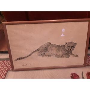 Bando Toshio "the Cheetah" Gouache And Indian Ink "signed Lower Left