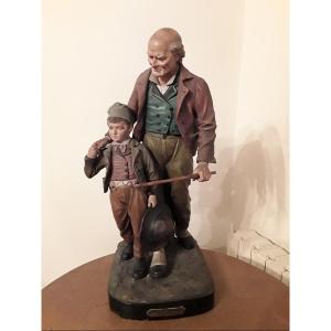 J Le Guluche  importante Statue En Terre Cuite Polychrome  "baton De Vieillesse  "