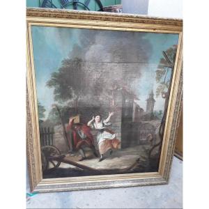 Fire French School From The 18th Century Important Oil On Canvas Frame 19th Century