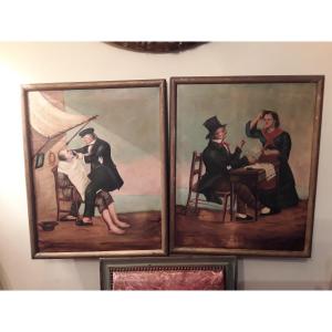 école Napolitaine Du 19e Siècle " Le Barbier Et l'écrivain Public " Paire Huiles Sur Toile