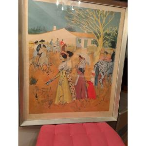 Yves Brayer Lithographie En Couleur "arlesiennes Et Gardians " 1962
