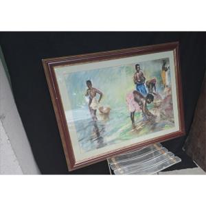 Fried Pal Women Bathing Senegal Watercolor Signed And Located 