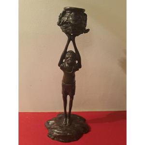 Japan Curious Bronze Candlestick Ashinaga-tenaga Holding A Woven Wicker Basket 19th 