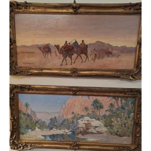 Eugène Deshayes, Pair Of Paintings "the Caravan", Alcantara Gorges, Algeria