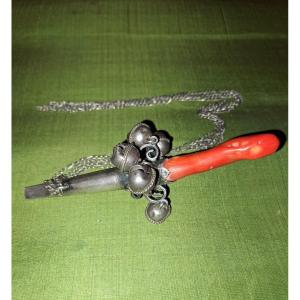 18th-century Silver Rattle Whistle With Bells And Coral Handle 