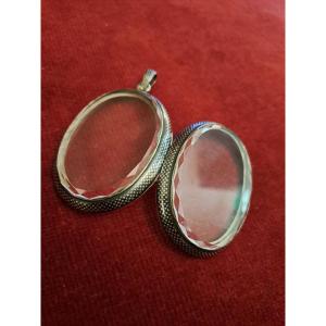 Oval-shaped Double Frame In Nielloed Silver, 19th Century