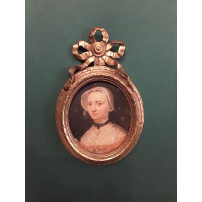 Portrrait Of Woman Oil On Copper, Bronze Frame 18th Century